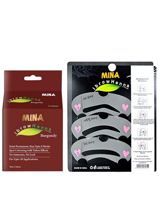Mina Ibrow Henna Coloring Kit & Regular Pack Burgundy With Ibrow Stencilscombo Pack