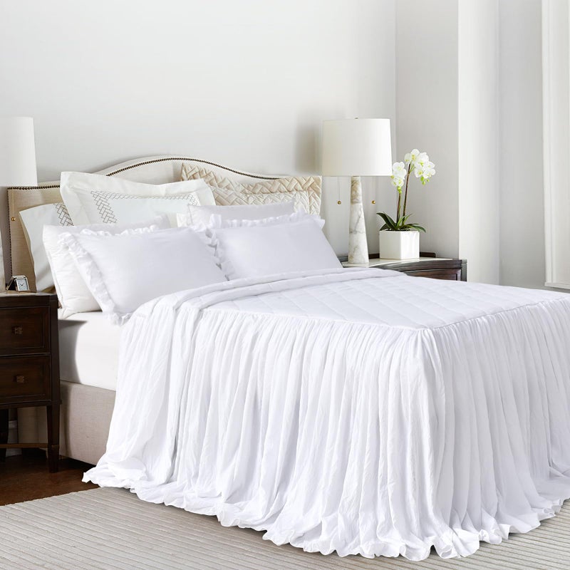 Lady Ann Queen Size Bedspread Set 3 Pcs White Washed Quilt Set, Shabby and Chic Blanket Ruffle Skirt Quilted Coverlet Farmhouse Rustic Bedding Set Lightweight - Image 1