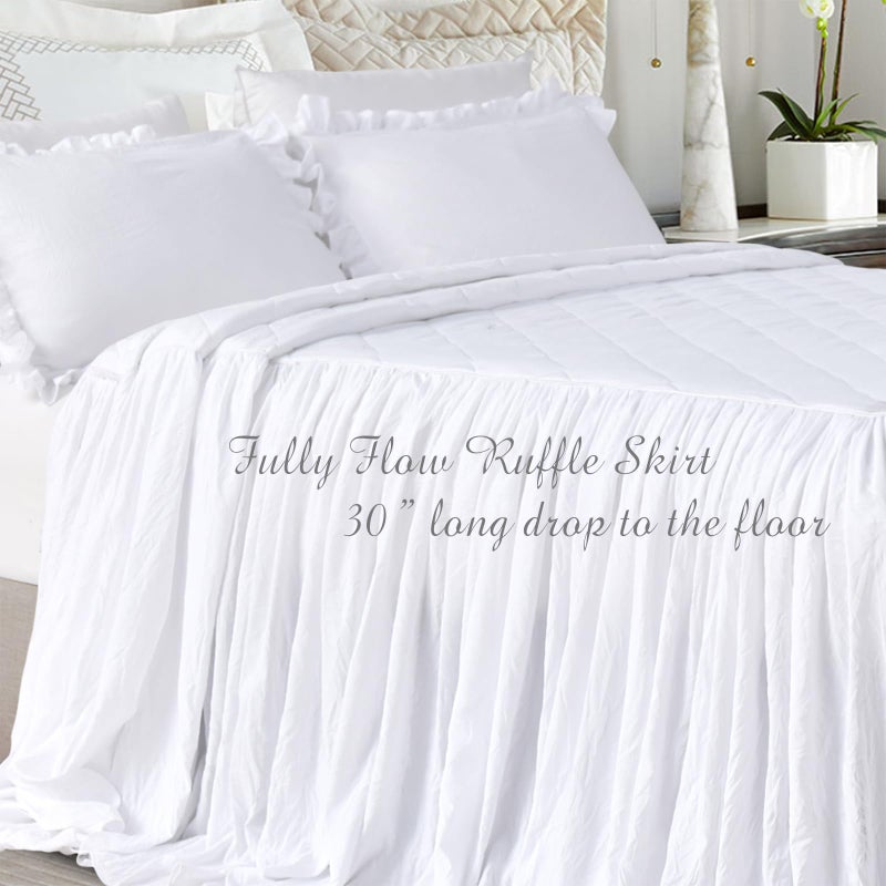 Lady Ann Queen Size Bedspread Set 3 Pcs White Washed Quilt Set, Shabby and Chic Blanket Ruffle Skirt Quilted Coverlet Farmhouse Rustic Bedding Set Lightweight - Image 2