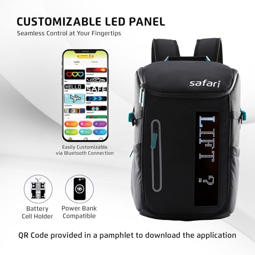 Safari Falcon LED 25L Backpack, Customizable LED Panel, 17" Laptop Compatible, Battery Cell Holder, Premium PU Fabric, Seamless Control Through A Mobile Application, Airvent Back Panel, Black - Image 2