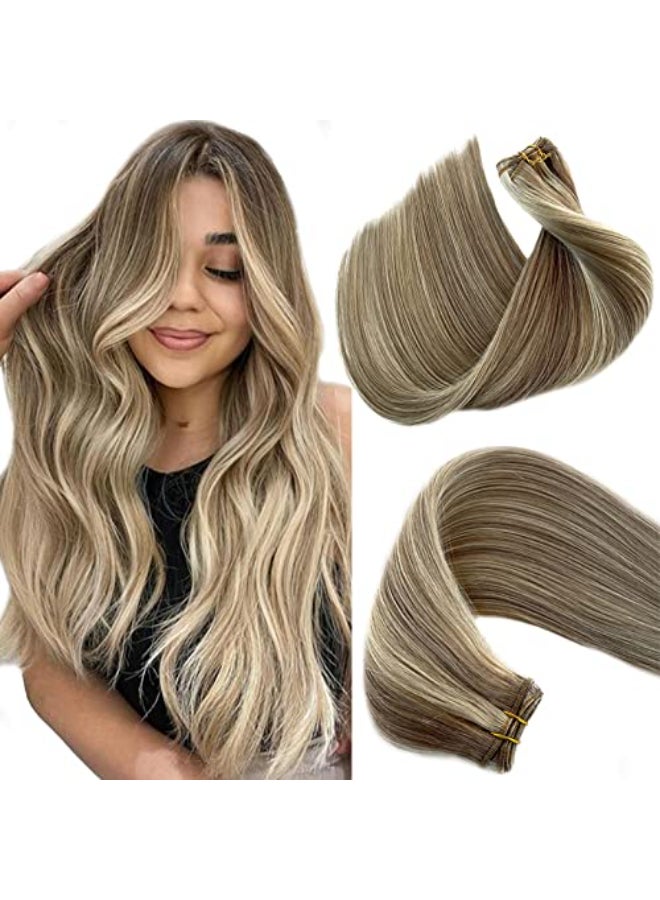 Benafee Hand Tied Weft Hair Extensions Human Hair 22 Inch 120G Sew in Hair Extensions Real Human Hair Wefts Color 1960 Grey Blonde to Platinum Blonde Highlight Invisible Sew in Human Hair Extensions Weft - Image 1