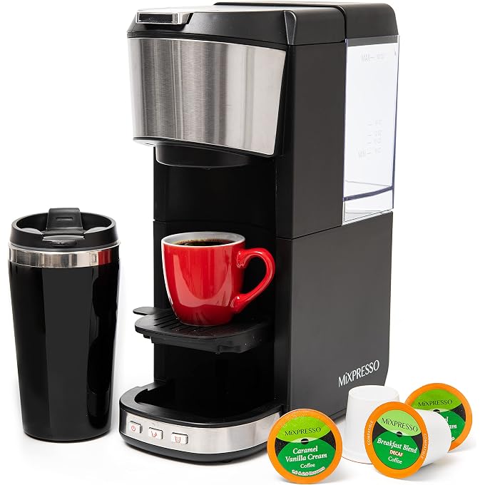 Mixpresso Coffee Maker Single Serve For Ground Coffee & Compatible With K Cup Pods, With 14oz Travel Mug & Reusable Filter For Home, Office & Camping, 30oz Removable Water Tank. - Image 1