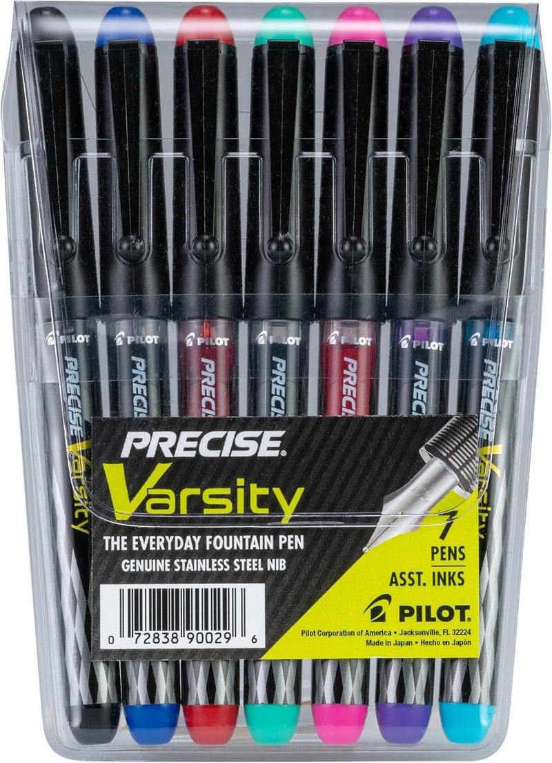 Pilot Precise Varsity Pre-Filled Fountain Pens, Medium Point Stainless Steel Nib, Multicolor Ink, 7-Pack - Image 1