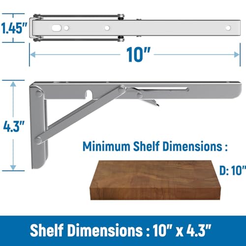 LEOPO 10 inch Folding Shelf Brackets2 Pack Foldable Heavy Duty Triangle Collapsible Wall Mounted Brackets for Fold Down Table Space Saving for Bench Table with Screws Stainless Steel - Image 3