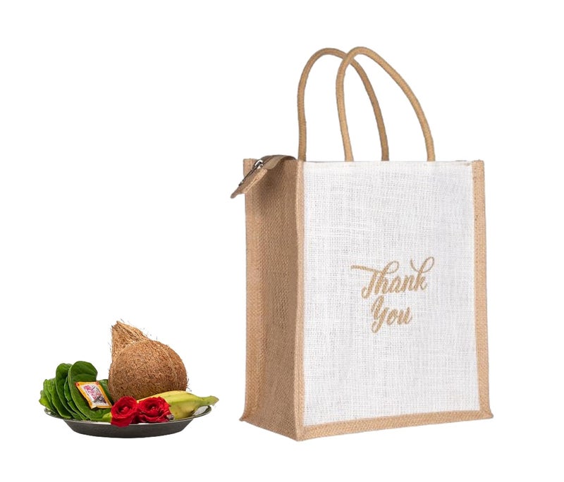 SOMAN Jute Ecofriendly Return Gift Bags Thank You Printed with Zip White Natural Pack of 10 Bags - Image 4