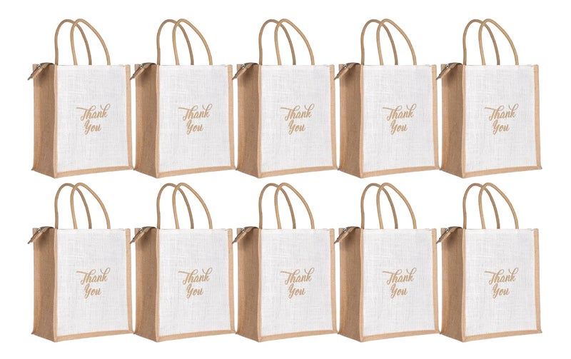SOMAN Jute Ecofriendly Return Gift Bags Thank You Printed with Zip White Natural Pack of 10 Bags - Image 1