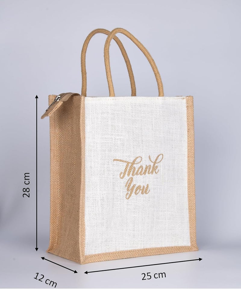 SOMAN Jute Ecofriendly Return Gift Bags Thank You Printed with Zip White Natural Pack of 10 Bags - Image 2