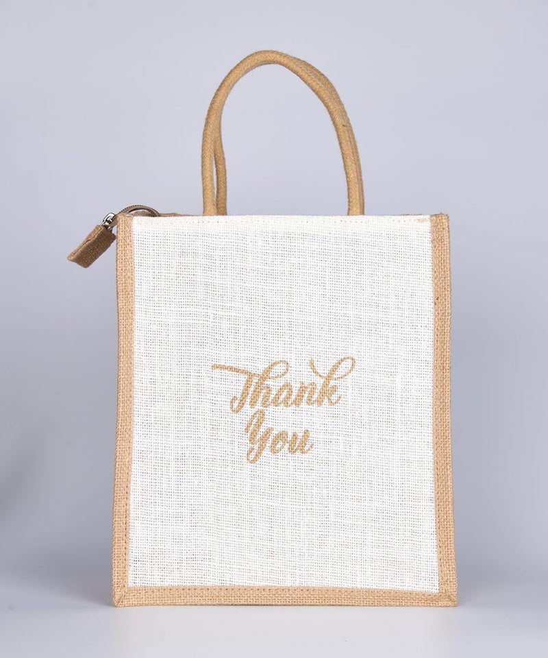 SOMAN Jute Ecofriendly Return Gift Bags Thank You Printed with Zip White Natural Pack of 10 Bags - Image 3