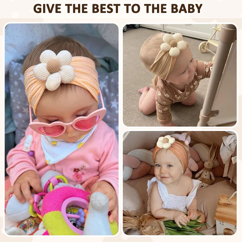 3 Pcs Baby Flower Headbands - Soft Nylon, Beige Orange Brown - Image 3