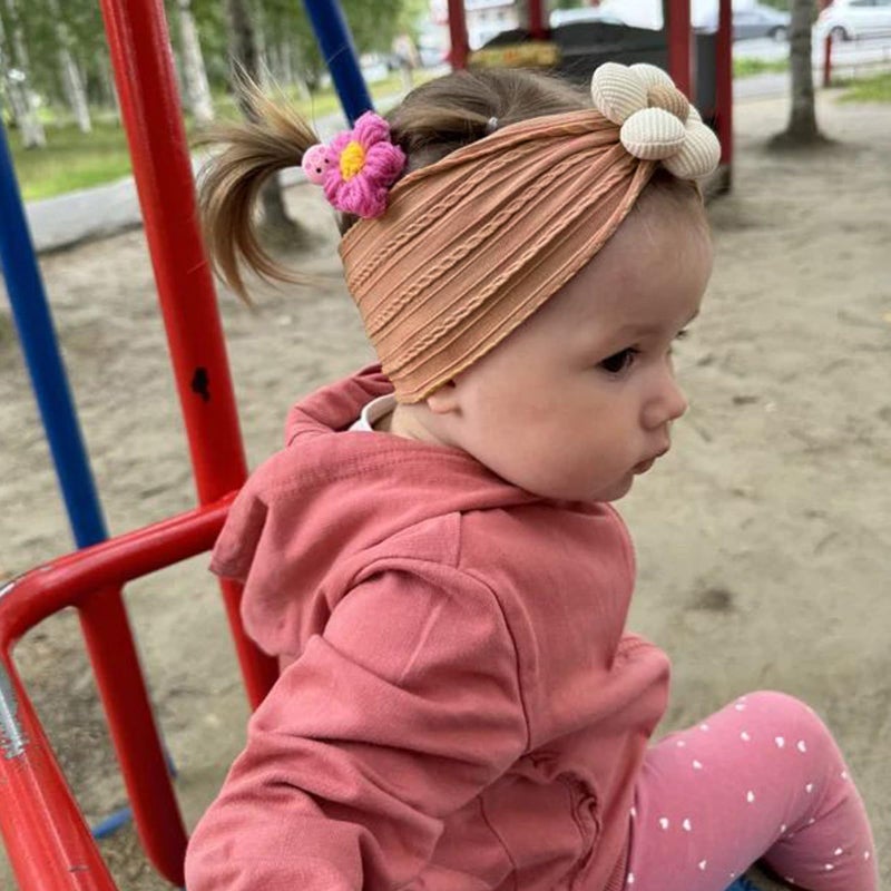 3 Pcs Baby Flower Headbands - Soft Nylon, Beige Orange Brown - Image 4