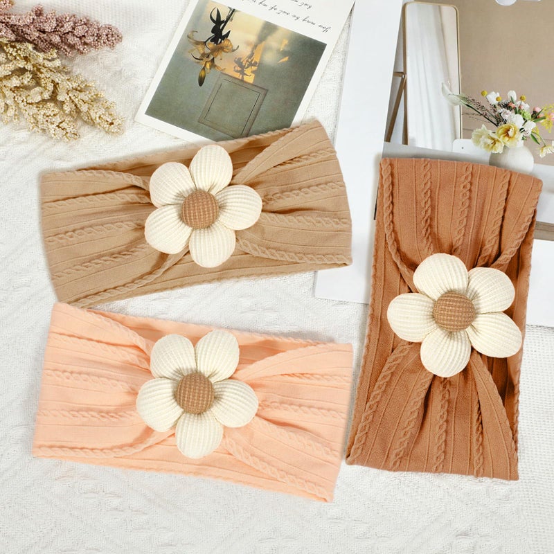 3 Pcs Baby Flower Headbands - Soft Nylon, Beige Orange Brown - Image 5