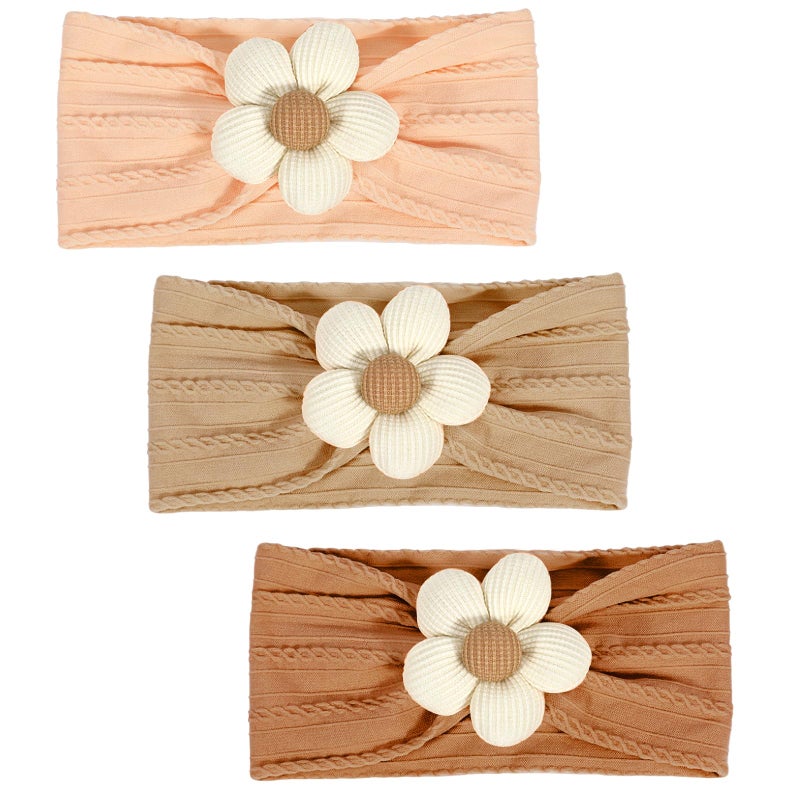 3 Pcs Baby Flower Headbands - Soft Nylon, Beige Orange Brown - Image 1
