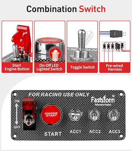 FASTSTORM Ignition Rocker Switch Panel 12V 5 in 1 with Engine Push Button Toggle Switches with Relay Wiring Harness LED for RV Truck Racing Car Boat Marine Trailer - Image 2