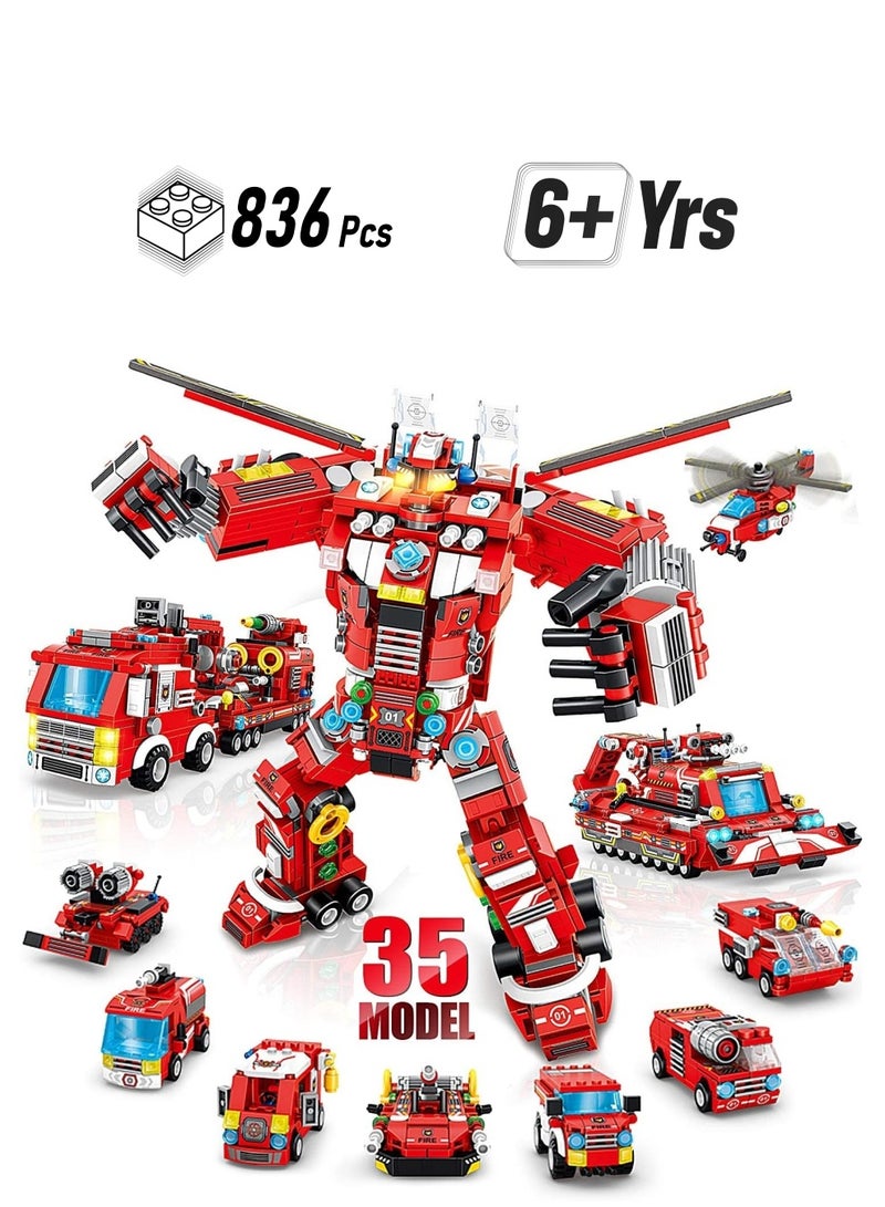 SYOSI Fire Robot STEM Building Toys, 836 PCS Creative Construction Truck Blocks Toys, 35 in 1 STEM Educational Building Bricks City Fire Rescue Vehicles Kit Gift for Kids for Boys Age 6+ Year Old - Image 1