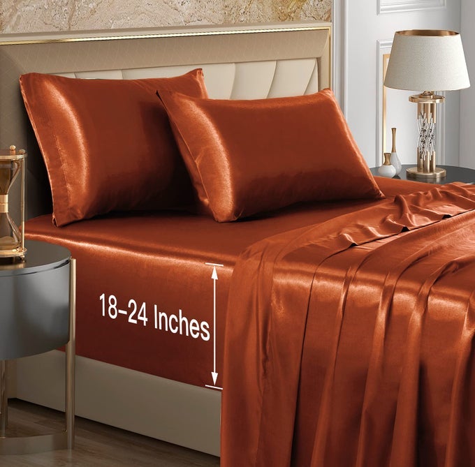 4PCS EXTRA DEEP POCKET SATIN SHEETS QUEEN SIZE BED SET BURNT ORANGE SATIN SHEET SET FIT 1824 INCH DEEP POCKET MATTRESS SILKY LUXURY SATIN BEDDING SET SOFT ULTRA DEEP FITTED SHEET SET