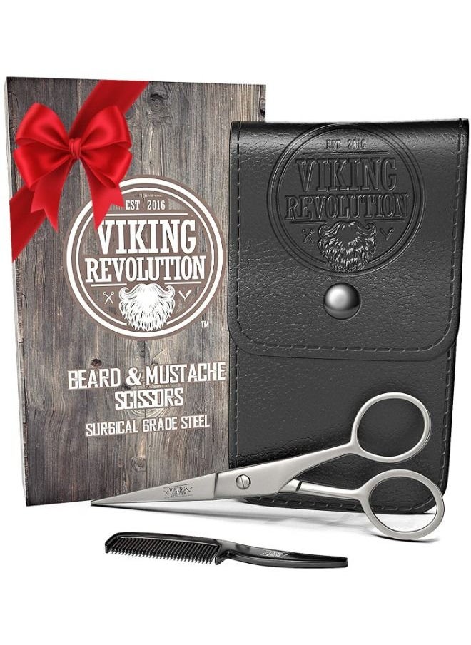 Viking Revolution - Beard and Mustache Scissors w/Comb and Synthetic Leather Case Professional Sharp Surgical Grade Steel for Trimming, Grooming, Cutting Mustache, Beards & Eyebrows Hair - Image 1