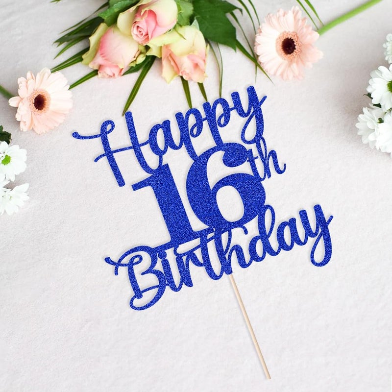 Kaoenla Glitter Happy 16th كعكة عيد الميلاد Topper Hello 16 هتافات إلى 16 عامًا في الذكرى السادسة عشر /16 عامًا حفلة عيد ميلاد ديكو (الأزرق السادس عشر) - Image 3