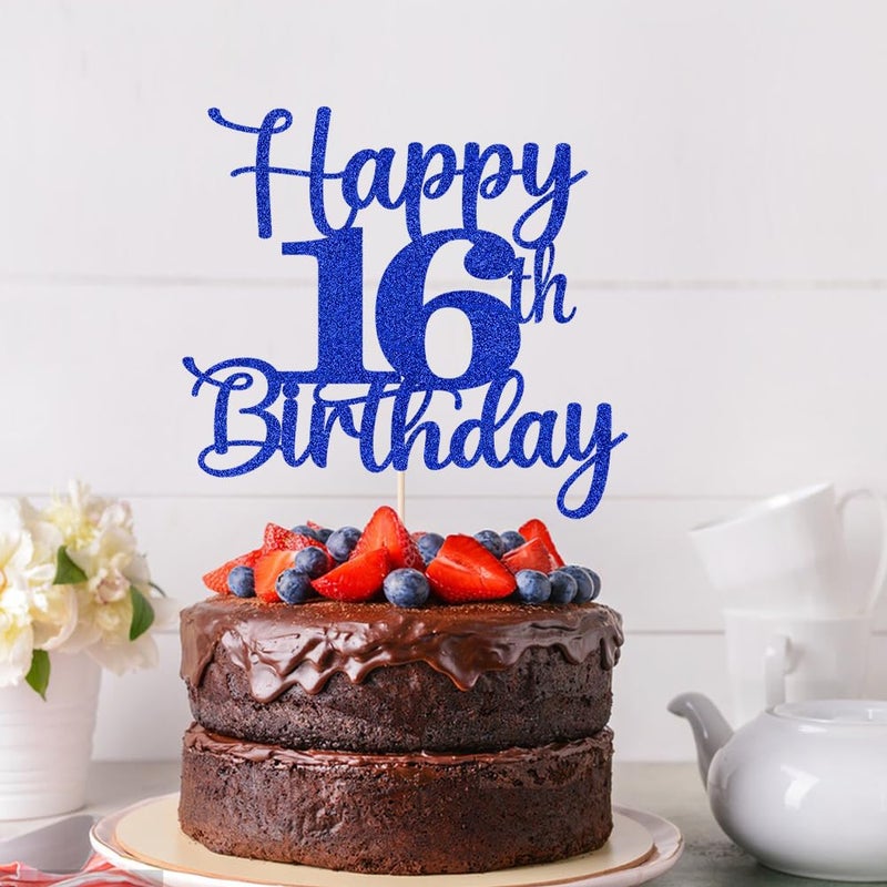 Kaoenla Glitter Happy 16th كعكة عيد الميلاد Topper Hello 16 هتافات إلى 16 عامًا في الذكرى السادسة عشر /16 عامًا حفلة عيد ميلاد ديكو (الأزرق السادس عشر) - Image 4