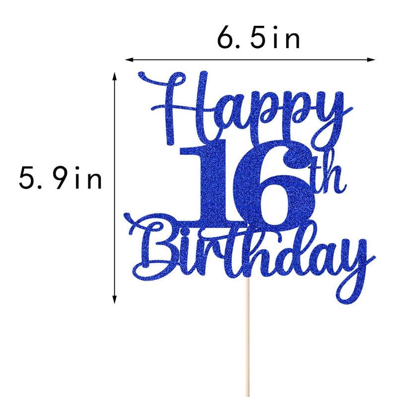 Kaoenla Glitter Happy 16th كعكة عيد الميلاد Topper Hello 16 هتافات إلى 16 عامًا في الذكرى السادسة عشر /16 عامًا حفلة عيد ميلاد ديكو (الأزرق السادس عشر) - Image 2