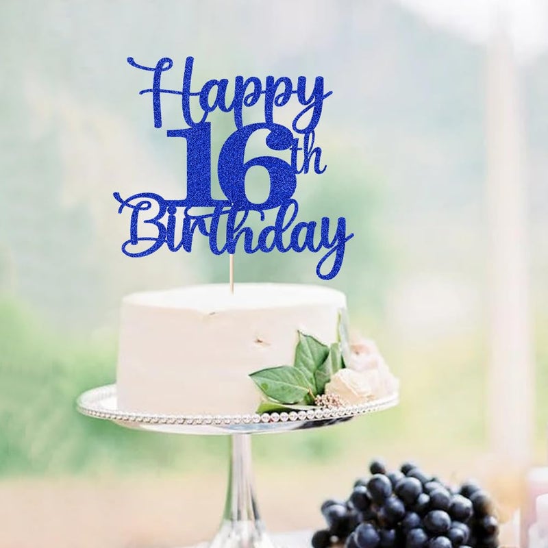 Kaoenla Glitter Happy 16th كعكة عيد الميلاد Topper Hello 16 هتافات إلى 16 عامًا في الذكرى السادسة عشر /16 عامًا حفلة عيد ميلاد ديكو (الأزرق السادس عشر) - Image 5