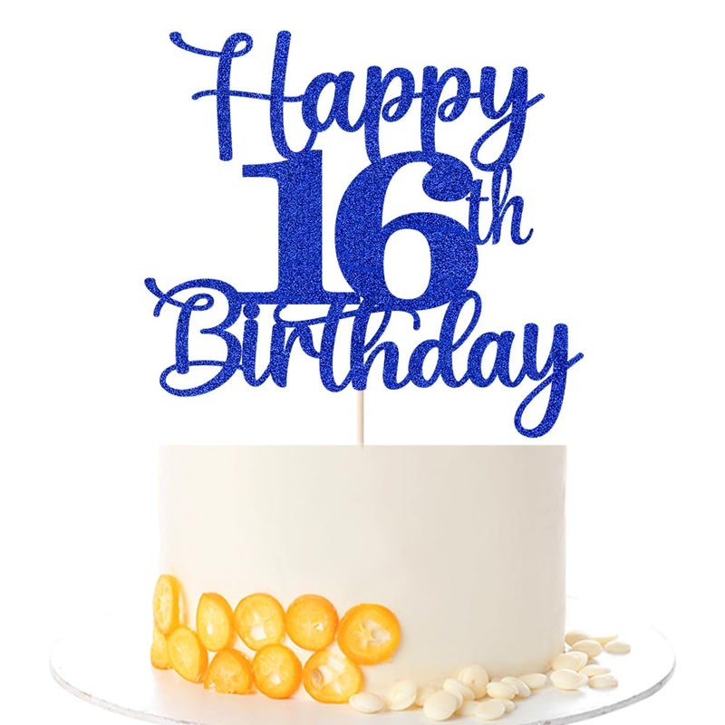 Kaoenla Glitter Happy 16th كعكة عيد الميلاد Topper Hello 16 هتافات إلى 16 عامًا في الذكرى السادسة عشر /16 عامًا حفلة عيد ميلاد ديكو (الأزرق السادس عشر) - Image 1