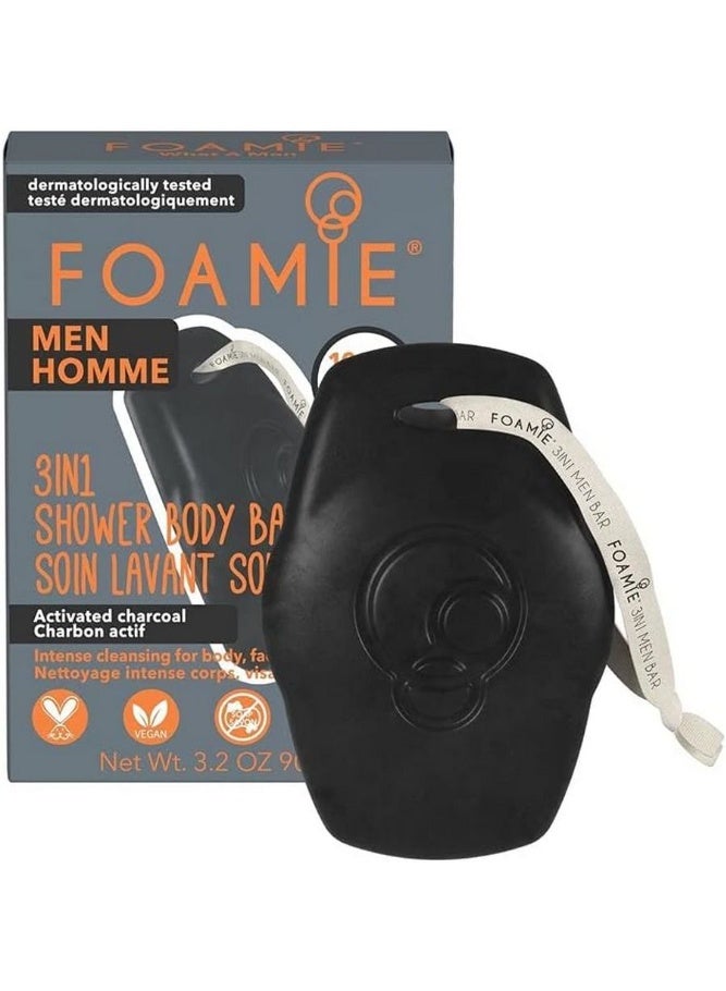 FOAMIE Men 3 In 1 Shower Body Bar With Activated Charcoal Ph Neutral Plastic Free 90G - Image 1