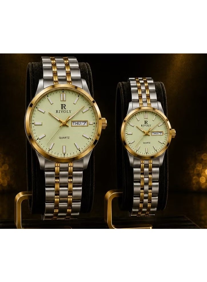Rivoli men's and women's watch set, durable stainless steel case and bracelet, high-precision hands with date display