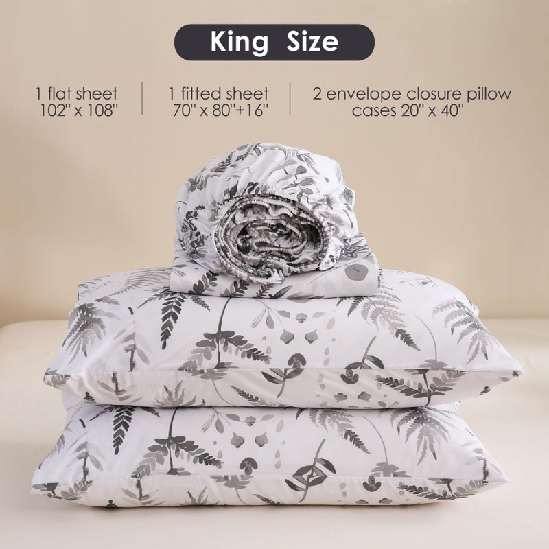 JSD Grey White Boho Herbs Ferns Sheet Set King Size  4 Piece Botanical Printed Microfiber Bed Sheets Deep Pocket - Image 2