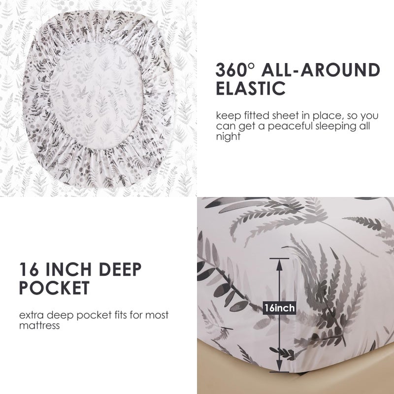 JSD Grey White Boho Herbs Ferns Sheet Set King Size  4 Piece Botanical Printed Microfiber Bed Sheets Deep Pocket - Image 4