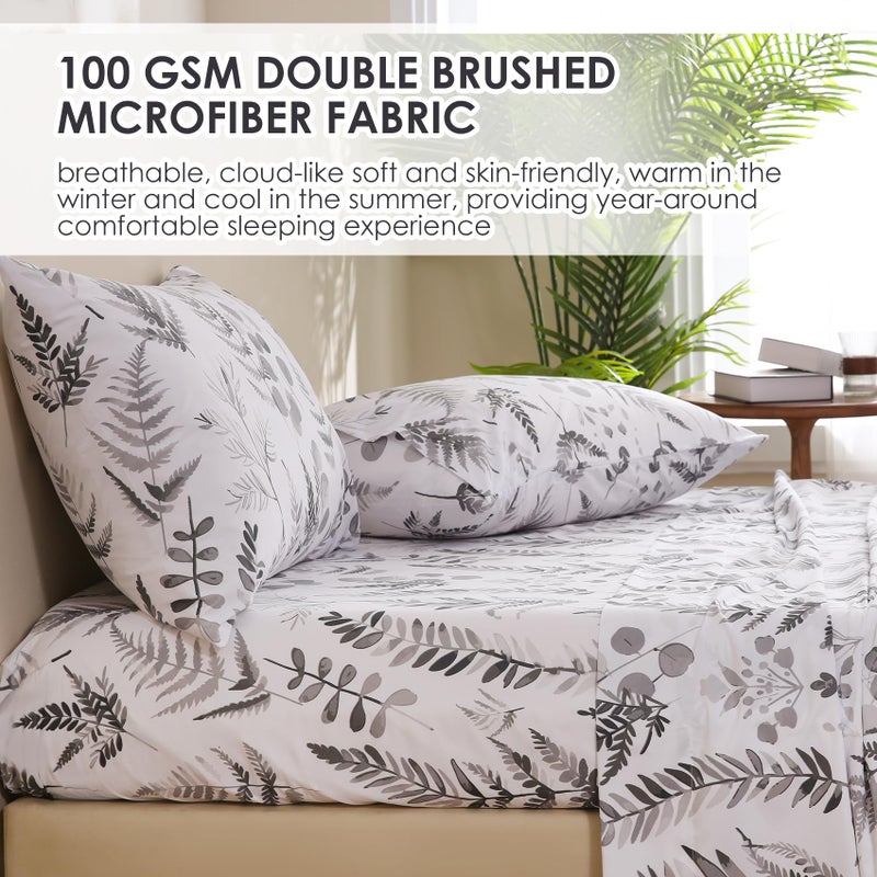 JSD Grey White Boho Herbs Ferns Sheet Set King Size  4 Piece Botanical Printed Microfiber Bed Sheets Deep Pocket - Image 5