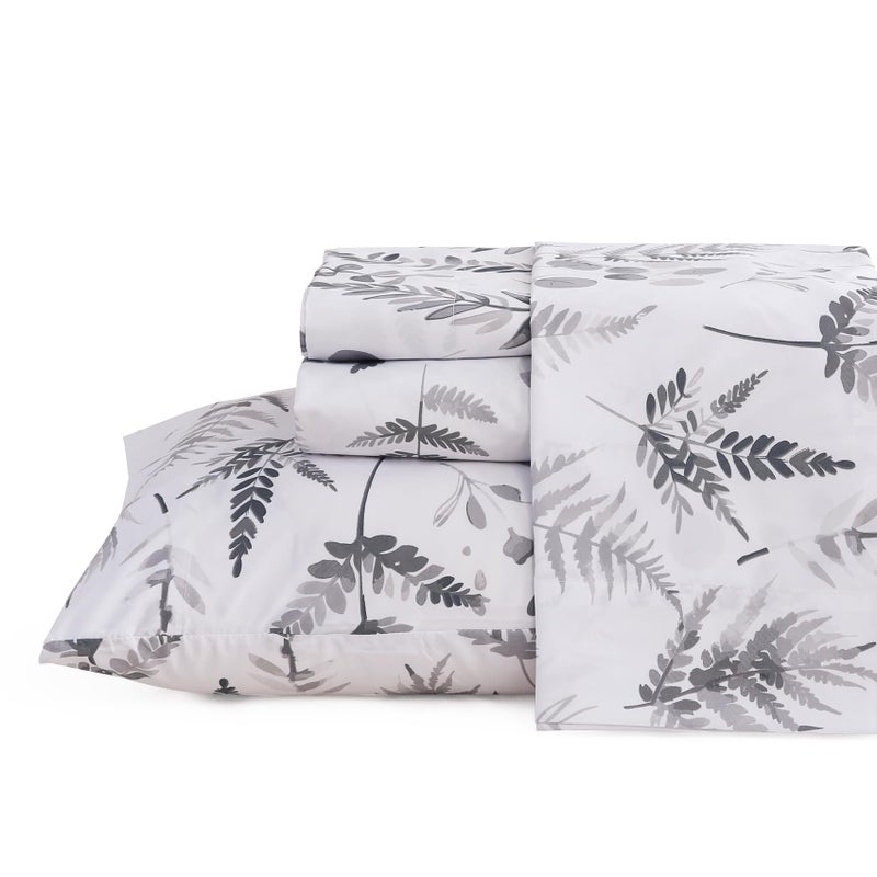 JSD Grey White Boho Herbs Ferns Sheet Set King Size  4 Piece Botanical Printed Microfiber Bed Sheets Deep Pocket - Image 1