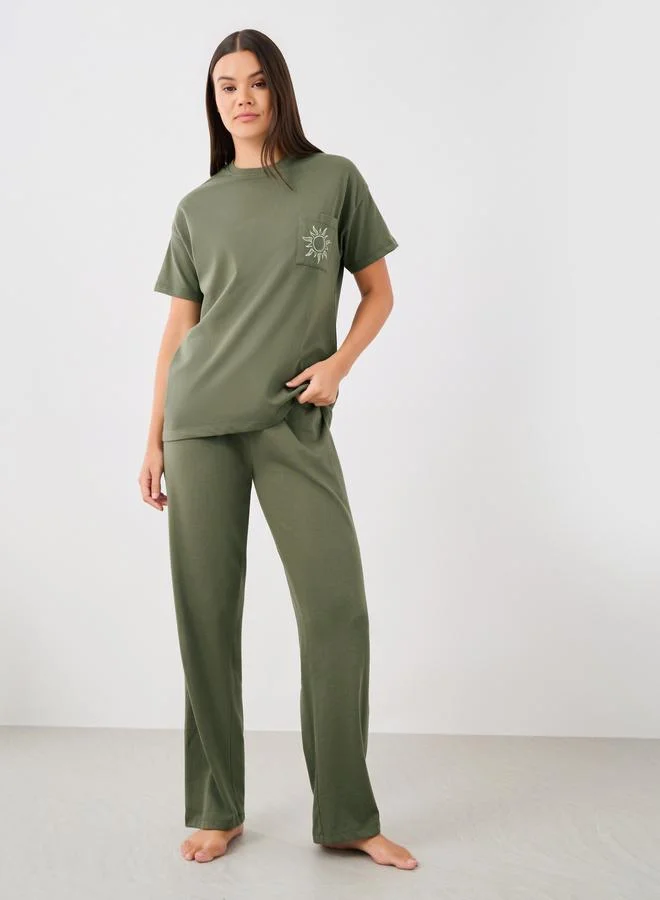 Styli Beach Graphic Pocket Dropped Shoulder T-Shirt and Straight Pyjama Set