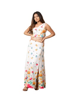 CH Glamstore One Shoulder Floral Crop Top and Maxi Skirt Set White  - Image 1