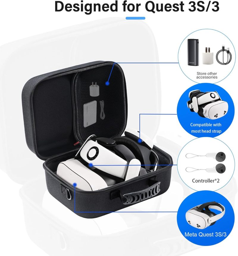 VR Headset Case Black Hard Travel Case - Custom Interior Keeps Headset Secure - Hard Shell Shields Against Impacts for Meta Quest 3 Accessories - Image 2