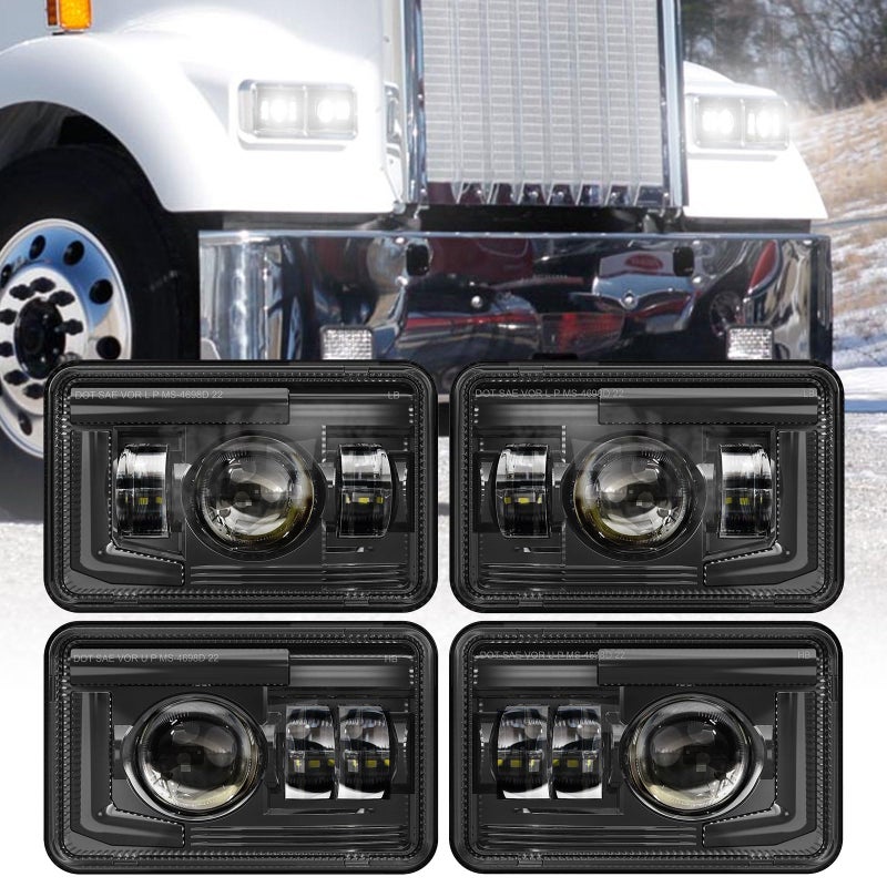 BICYACO 4 PCS DOT 4x6 Inch LED Headlights Rectangular Replacement H4651 H4652 H4656 H4666 H6545 Compatible with Peterbilt Kenworth Freightinger Ford Probe Oldsmobile Cutlass