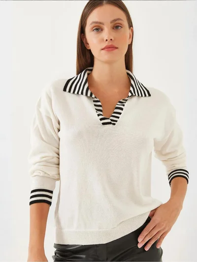 Bianco Lucci LUCCI Striped Knitwear Sweater with Shirt Collar