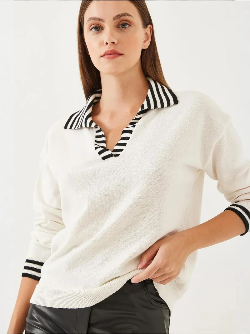 Bianco Lucci LUCCI Striped Knitwear Sweater with Shirt Collar