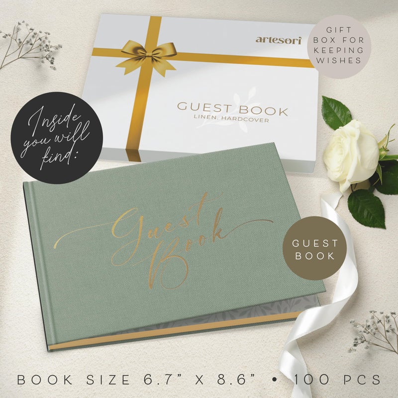 Artesori Wedding Guest Book For Reception - Gold-Foiled Guestbook To Sign In  Elegant Baby Shower Guest Book For Party & Birthday - Photo & Polaroid Guest Book For Wedding & Bridal Shower (Sage) - Image 2
