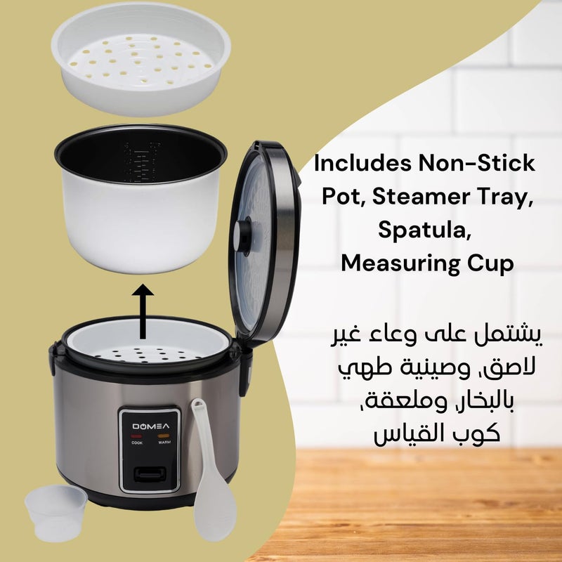 DOMEA Electric Drum Rice Cooker, 1.8 Litre Capacity, Non-Stick Pot & Steamer Basket, Keep Warm Function, For Fast Cooking Of Rice, Vegetables, Soups, Stew, Porridge, Stainless Steel Make, 700W Power - Image 2