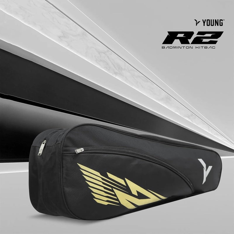 Young حقيبة R2 مزدوجة السحاب | بوليستر متين | جيب جانبي | حقيبة ظهر لمعدات كرة الريشة (أسود ذهبي) - Image 5