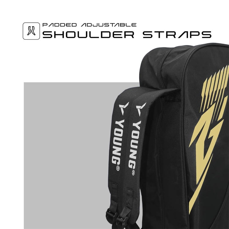 Young حقيبة R2 مزدوجة السحاب | بوليستر متين | جيب جانبي | حقيبة ظهر لمعدات كرة الريشة (أسود ذهبي) - Image 4