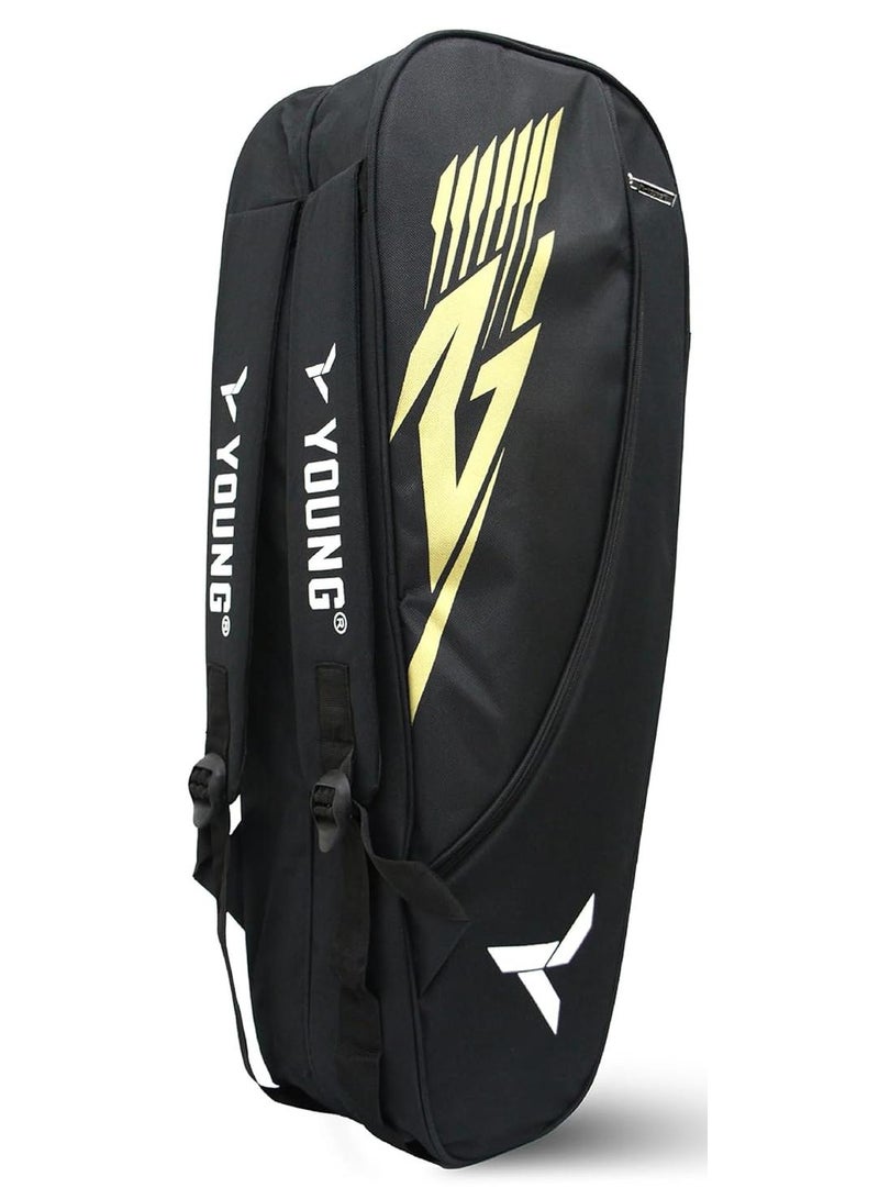 Young حقيبة R2 مزدوجة السحاب | بوليستر متين | جيب جانبي | حقيبة ظهر لمعدات كرة الريشة (أسود ذهبي) - Image 1