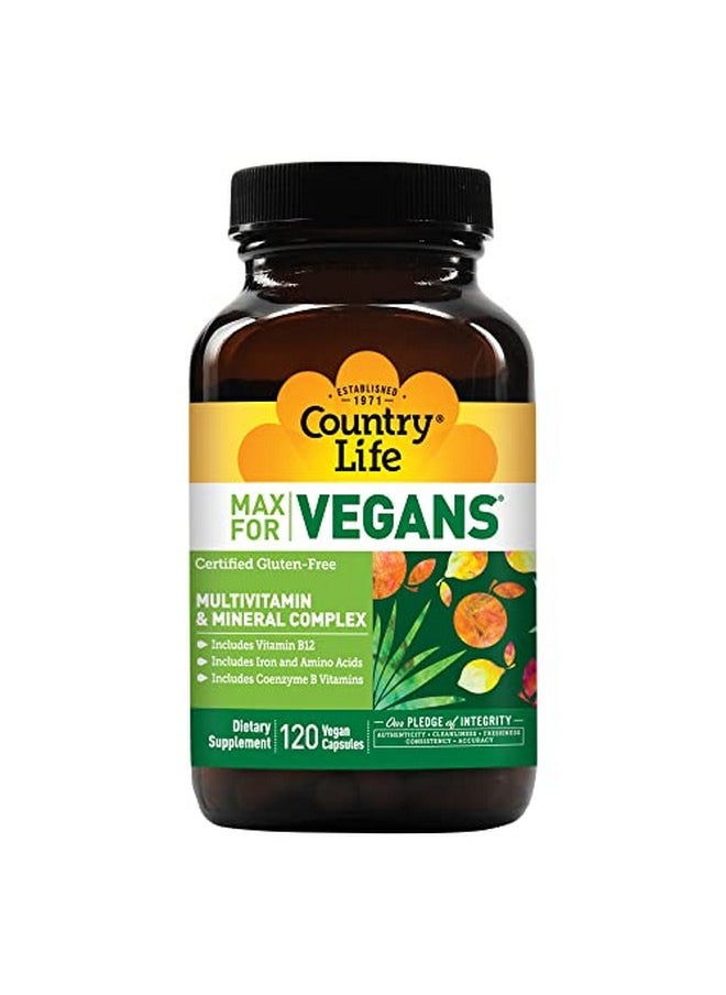 Country Life Max For Vegans Multivitamin & Mineral Complex 120 Vegan Capsules Certified Gluten Free Certified Vegan  - Image 1