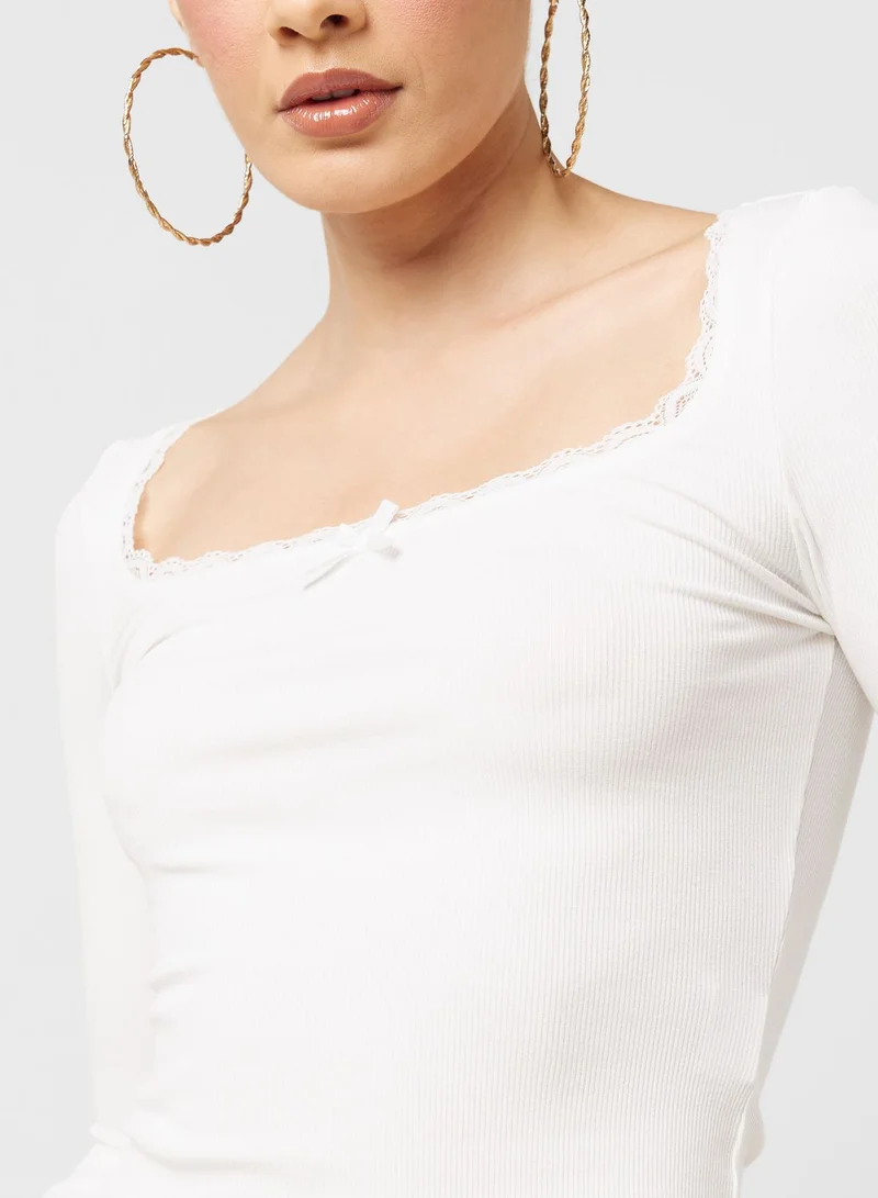 Ginger Lace Detail Square Neck Ribbed Top With Bow