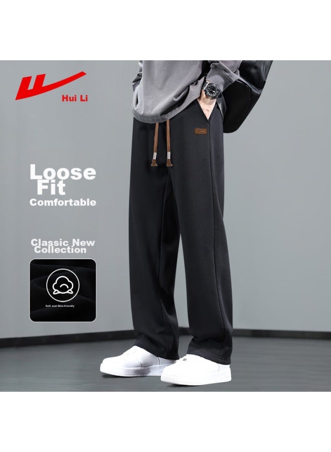Pull Back بنطلونات واريور الكاجوال للرجال، بنطلونات فضفاضة للربيع، بنطلونات واسعة الأرجل، بنطلونات مستقيمة الأرجل متعددة الاستخدامات، بنطلونات رياضية طويلة، أسود، 2XL - Image 1