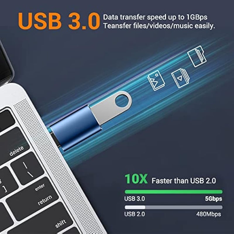 𝟒𝐏𝐚𝐜𝐤 𝐔𝐩𝐠𝐫𝐚𝐝𝐞𝐝 USB to USB C Adapter,USB C Male to USB 3.0 Female OTG Converter for iPhone 16 15 14 13 Plus Pro Max,Apple Watch,Airpods,S24 Ultra, Gender Changers OTG Adapters - Blue/Black - Image 3