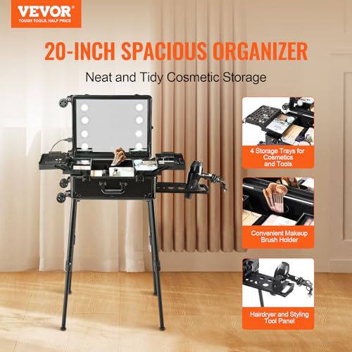 VEVOR Makeup Train Case with Lock, Lighted Mirror, 4 Storage Trays, Brush Holder, Speaker Travel Cosmetic Organizer Box w/Swivel Wheels, Professional Artist Trolley Studio Free Standing Case - Image 2