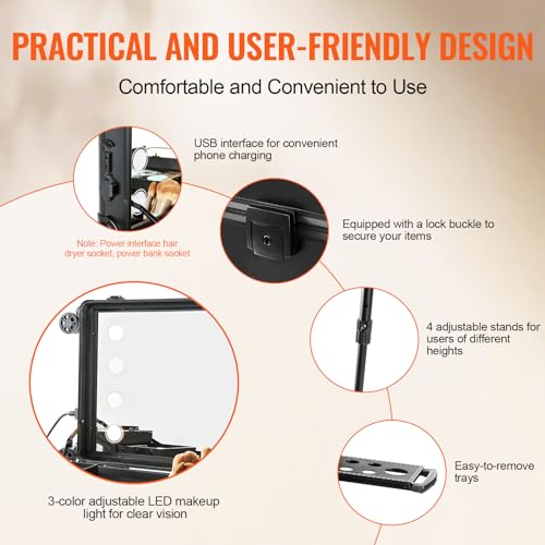 VEVOR Makeup Train Case with Lock, Lighted Mirror, 4 Storage Trays, Brush Holder, Speaker Travel Cosmetic Organizer Box w/Swivel Wheels, Professional Artist Trolley Studio Free Standing Case - Image 5