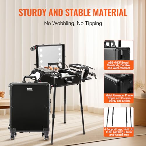 VEVOR Makeup Train Case with Lock, Lighted Mirror, 4 Storage Trays, Brush Holder, Speaker Travel Cosmetic Organizer Box w/Swivel Wheels, Professional Artist Trolley Studio Free Standing Case - Image 3