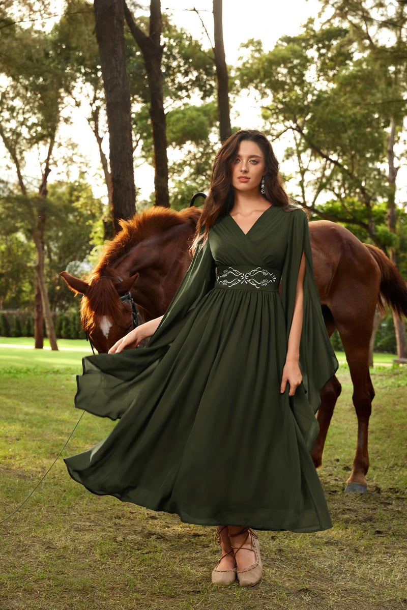 Scarlet Darkness Women's Renaissance Costume Wrap V Neck Split Bell Sleeve Embroidery Long Dresses with Pockets - Image 3
